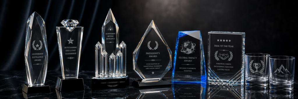 Luxury engraved crystal awards and custom glass trophies made in USA