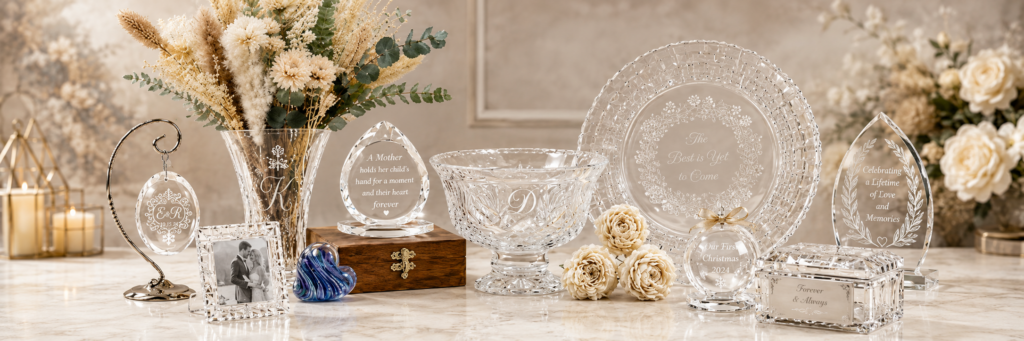 Engraved crystal gifts, glassware, keepsake box and floral decor arranged for a timeless custom gifting