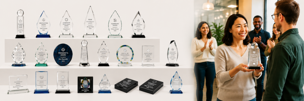 Custom engraved awards displayed at a corporate recognition event for growing organizations